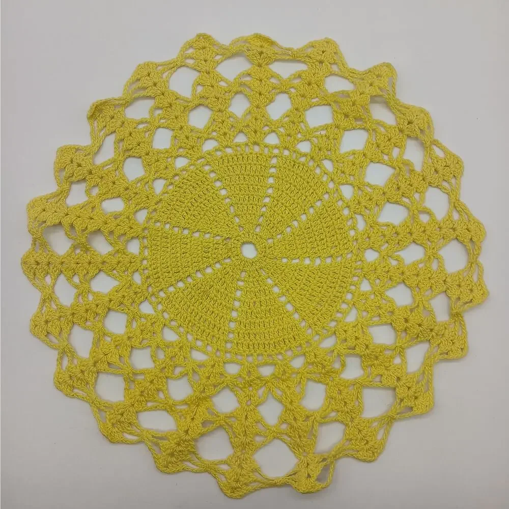 Vintage Handmade Crocheted  Doily Kitchen Round Yellow and Blue Doilies Set of 5 - Picture 2 of 11